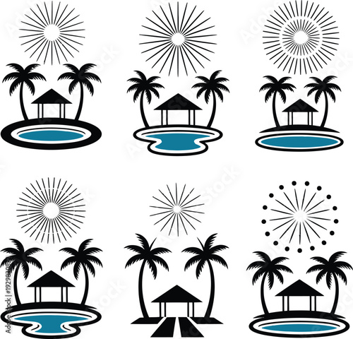 Tropical island scenes with fireworks and palm trees