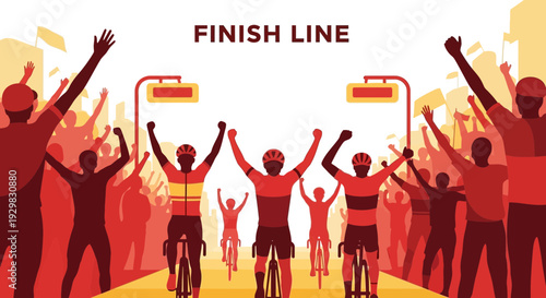 Cyclists Celebrate Victory at the Finish Line Amidst a Cheering Spectator Crowd