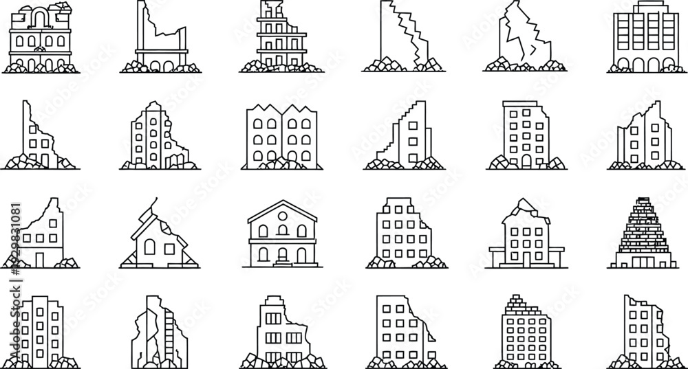 Fototapeta premium Black and white cityscape icons of various buildings and skyscrapers