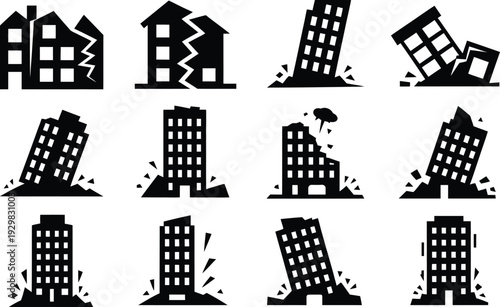Black silhouettes of buildings crumbling and collapsing in various ways