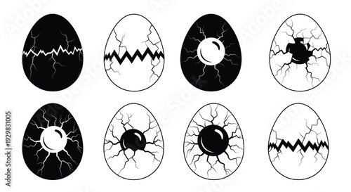 A collection of six uniquely patterned egg shapes displaying contrasting black and white designs in silhouette high quality professional