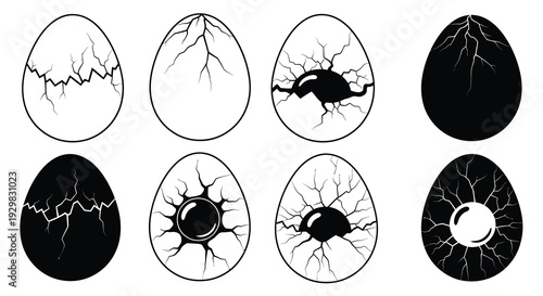 A collection of six egg illustrations displaying varying stages of cracking and hatching presented as a silhouette high quality