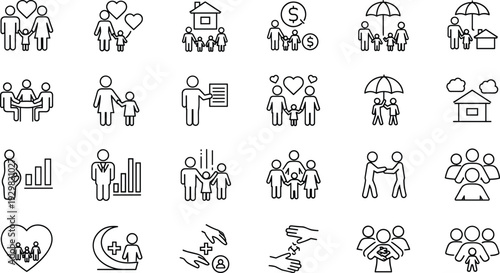 Family Insurance and Financial Protection Icon Set Featuring Life Coverage, Medical Healthcare, Home Security, Pregnancy Planning, and Professional Business Consulting Services.