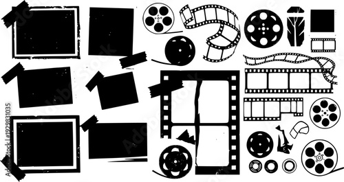 Vintage filmstrip collage kit. Grunge frames with duct tape, photo borders and movie reel elements.
