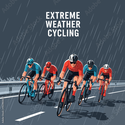 Cyclists Braving Torrential Downpour: A Race Against Elements Showcasing Endurance and Grit