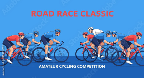 Cyclists Competing in A Road Race Event Depicted Against A Blue Background
