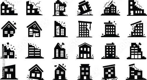 Set of twenty black and white illustrations of damaged houses and buildings