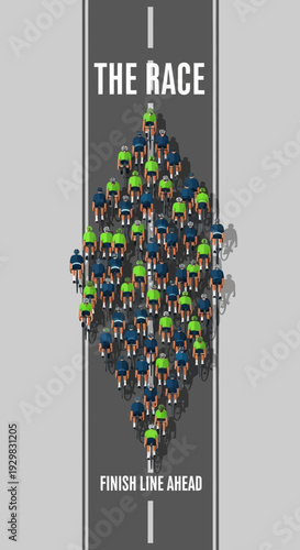 Cyclists In A Peloton Race Toward The Finish Line On Asphalt Road With White Lines