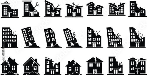 Black and white illustration of damaged buildings in various states of destruction