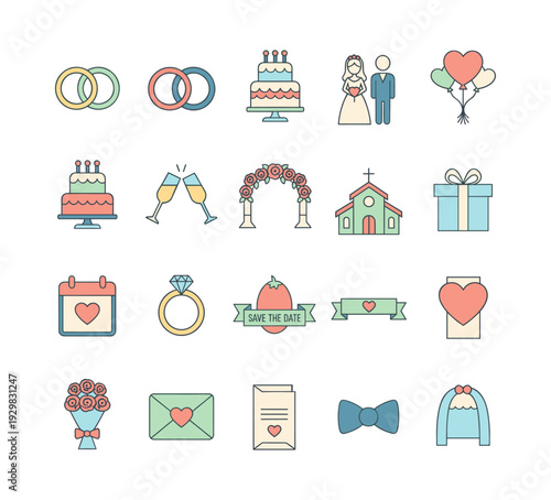 Modern line art illustration set preparing for a wedding celebration, covering essential elements like engagement, ceremony, and party