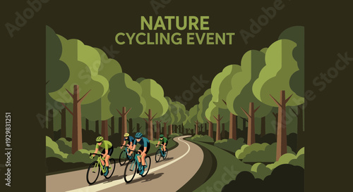 Cyclists Engaging In Nature Ride Event On Forest Road With Abstract Green Trees