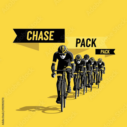 Cyclists In Formation Compete For Victory On A Bright Yellow Background Demonstrating Speed