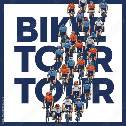Cyclists In Formation Compete In A Bicycle Race With Bold Typography Display