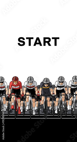 Cyclists Lined Up At The Starting Line, Ready To Commence A Competitive Race, Illustration