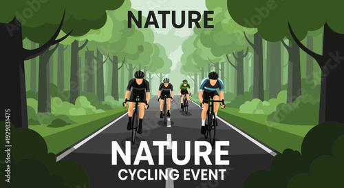 Cyclists Racing Through Lush Forest: A Vibrant Nature Cycling Event Illustration