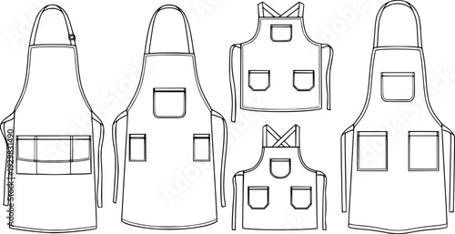 Set of Kitchen aprons with pockets Outline vector illustration isolated On Transparent Background
