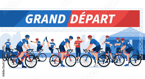 Cyclists Preparing For Race Under Banner Illustrating The 'Grand Depart' In Animated Style
