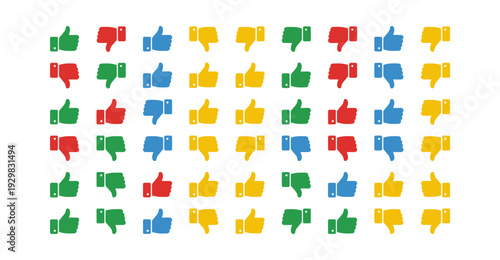 Thumbs up and thumbs down icons forming a pattern, symbolizing online feedback, ratings, and user engagement