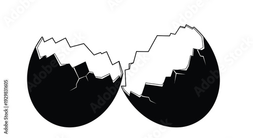 A stark depiction of a broken eggshell featuring two distinct halves with jagged edges rendered as a silhouette