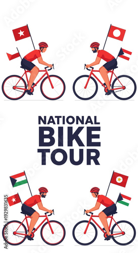 Cyclists Showcasing National Flags During A Competitive Bicycle Event and Tour Illustration