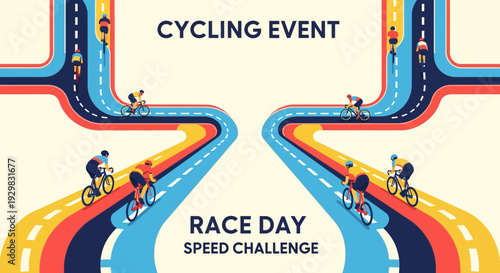 Cyclists Racing on Colorful Track: A Vibrant Cycling Event Illustration Design