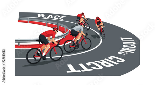 Cyclists Racing on the Circuit, Intense Competition, Bold Colors, Sports Illustration