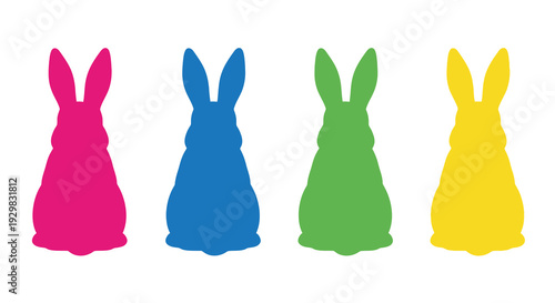 A vibrant row of four bunny silhouettes in pink blue green and yellow hues against a white backdrop silhouette