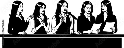 Five women speaking at podium silhouette vector illustration isolated on white background
