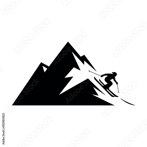 A skier in motion glides down a snowy mountain slope with a stunning mountain range in the background.