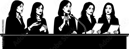 Five women speaking at podium silhouette vector illustration isolated on white background
