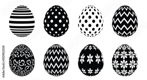 A collection of eight monochrome easter eggs with various patterned designs presented in stark silhouette high quality professional detailed