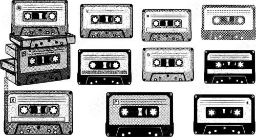 Retro cassette tapes in halftone design: vintage media aesthetic
