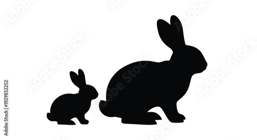 A striking black silhouette depicts a mother rabbit and her young kit creating a tender familial scene silhouette