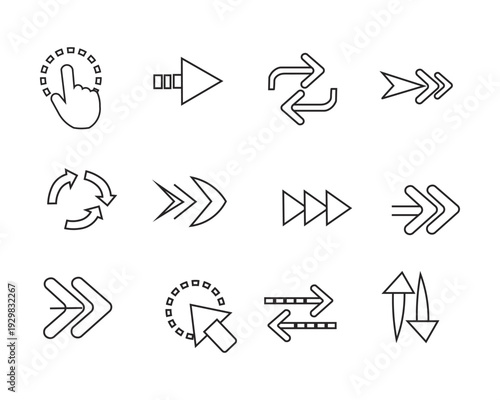 Arrow Icon Set: A comprehensive collection of arrow icons, depicting direction and navigation. A versatile resource for graphic design, web development, and user interface creation. 
