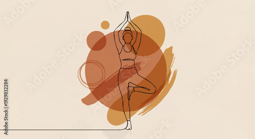 Continuous one line drawing of woman in yoga tree pose minimalist boho vector art.
