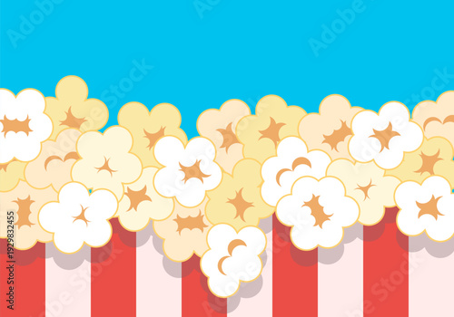 Bag of popcorn. Popcorn bucket. Striped paper box with popcorn. Vector illustration