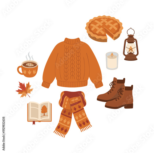 Autumn season items including comfort food, warm clothing, and decorative elements creating a cozy fall lifestyle concept