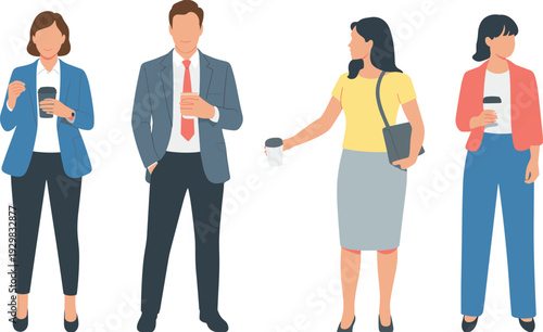 Diverse business professionals standing together holding coffee cups in business casual attire, flat vector illustration for office culture and corporate lifestyle.