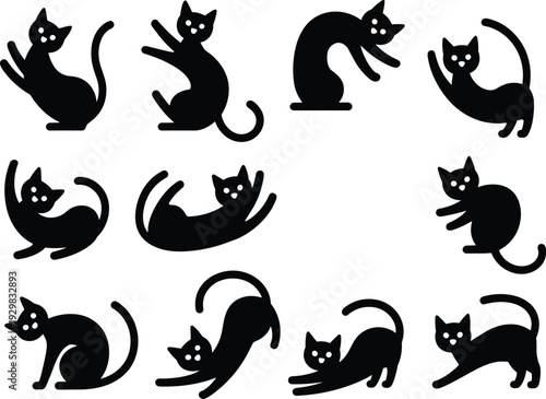 Collection of black cat silhouettes in various playful poses, sitting, stretching, and jumping, cad drawing flat vector illustration, isolated on white.