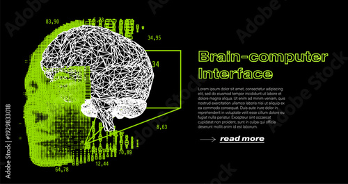 Futuristic wireframe brain inside human head profile in glowing neon green on black. Conceptual vector illustration for brain-computer interface, neural link, BCI technology.