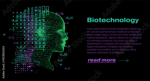 Neon green biotechnology head silhouette made of binary code particles, data squares and numbers on black. Conceptual vector illustration for biotechnology, genetic engineering, bio-digital fusion.