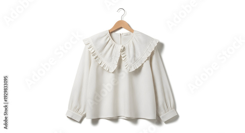 Chic white blouse with a unique ruffled collar, perfect for a vintage-inspired or elegant modern wardrobe