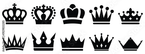 Minimalist black royal crown silhouette icon setMinimalist black royal crown silhouette icon set