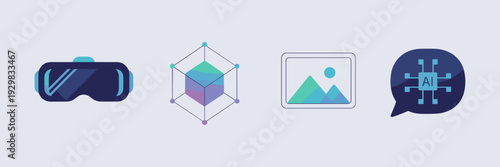 Modern VR and 3D object icons – Suitable for gaming and AI tech.