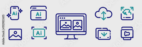 AI media tools and device sync icon sheet – Suitable for software development, tech interfaces, or SaaS.