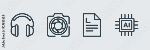 Audio-visual AI foundation model icons in charcoal monoline style - Perfect for AI developer tools, technology news, or minimalist branding.