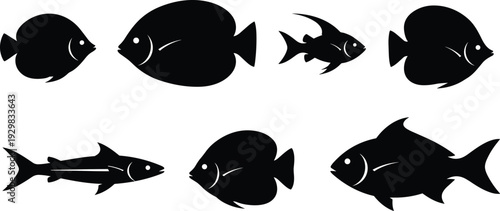 Black tropical fish silhouette vector set, aquatic marine animal icons for ocean nature branding, exotic coral reef wildlife graphics for seafood restaurant logo design.