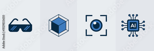 AI augmented reality icons with AR glasses and 3D objects - Ideal for immersive tech reviews, gaming news, or future technology concepts.