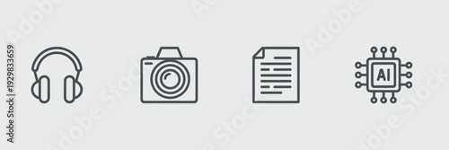 Minimalist audio visual AI monoline icon sheet - Ideal for machine learning research, podcast branding, or technical documentation.