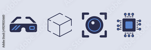 Flat design augmented reality AI icons in navy and blue - Perfect for hardware specs, metaverse discussions, or innovative app interfaces.